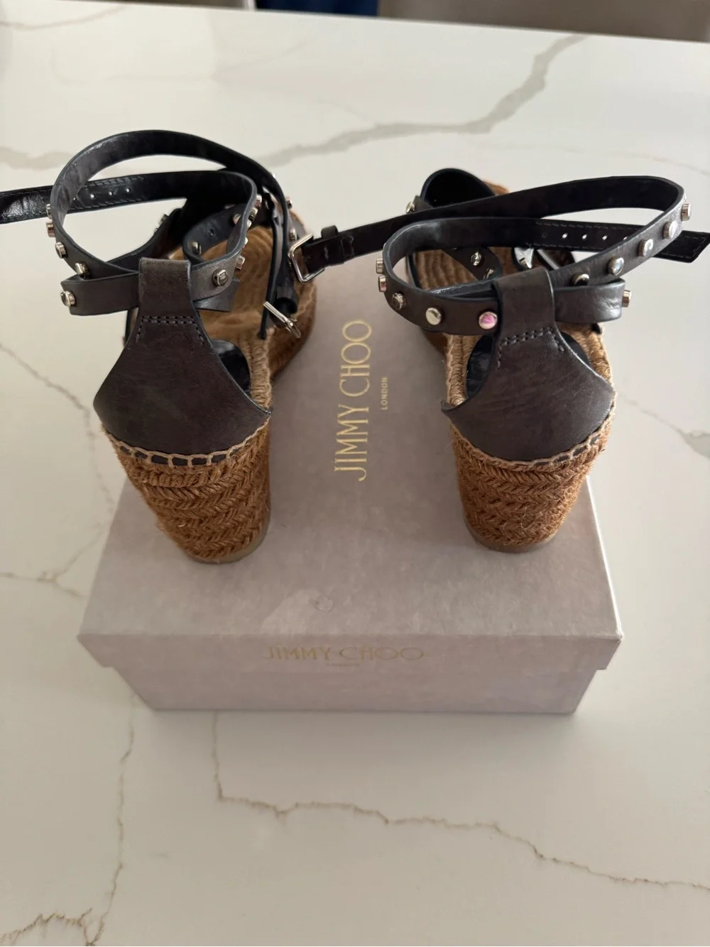 Jimmy Choo Blue/Gray Studded Leather Espadrilles with Ankle Wrap